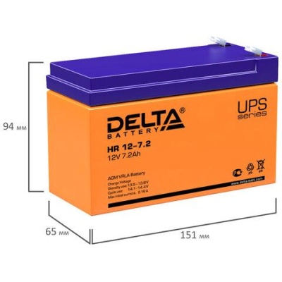 Аккумуляторная батарея для ИБП любых торговых марок, 12В, 7,2 Ач, 151х65х94мм, DELTA,, HR 12-7.2