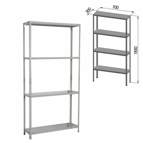 Стеллаж металлический BRABIX "MS KD-185/30/70-4", 1850х700х300 мм, 4 полки, сборная стойка, 291112, S240BR123402