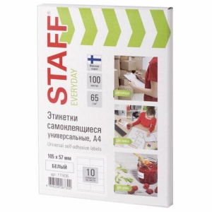 Этикетка самоклеящаяся 105х57 мм, 10 этикеток, 65 г/м2, 100 л., STAFF "Everyday" (сырье Финляндия), 111836 цена 911 ₽ Этикетка самоклеящаяся 105х57 мм, 10 этикеток, 65 г/м2, 100 л., STAFF "Everyday" (сырье Финляндия), 111836