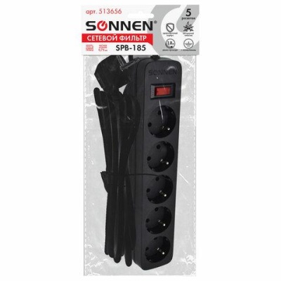 Сетевой фильтр SONNEN SPB-185, 5 розеток с заземлением, выключатель, 10 А, 1,8 м, черный, 513656