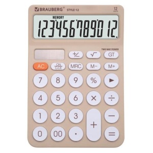 Калькулятор настольный BRAUBERG STYLE-12-BG (157х106мм), 12 разрядов, двойное питание, БЕЖЕВЫЙ, 272967 цена 444 ₽ Калькулятор настольный BRAUBERG STYLE-12-BG (157х106мм), 12 разрядов, двойное питание, БЕЖЕВЫЙ, 272967