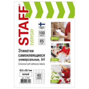 Этикетка самоклеящаяся 52,5х29,7 мм, 40 этикеток 65 г/м2, 100 л., STAFF "Everyday" (сырье Финляндия), 111847 цена 1 125 ₽ Этикетка самоклеящаяся 52,5х29,7 мм, 40 этикеток 65 г/м2, 100 л., STAFF "Everyday" (сырье Финляндия), 111847