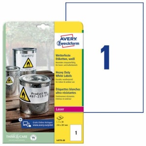 Этикетка самоклеящаяся ВСЕПОГОДНАЯ 210x297 мм, 1 этикетка, полиэстер, белая, 20 листов, Avery Zweckform, L4775-20 цена 4 935 ₽ Этикетка самоклеящаяся ВСЕПОГОДНАЯ 210x297 мм, 1 этикетка, полиэстер, белая, 20 листов, Avery Zweckform, L4775-20
