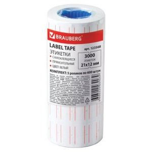 Этикет-лента 21х12 мм, прямоугольная, белая, комплект 5 рулонов по 600 шт., BRAUBERG, 123568 цена 232 ₽ Этикет-лента 21х12 мм, прямоугольная, белая, комплект 5 рулонов по 600 шт., BRAUBERG, 123568
