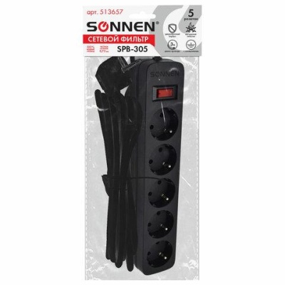 Сетевой фильтр SONNEN SPB-305, 5 розеток с заземлением, выключатель, 10 А, 3 м, черный, 513657