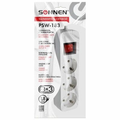 Удлинитель сетевой SONNEN PSW-183, 3 розетки c заземлением, выключатель 10 А, 1,8 м, белый, 513659