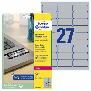 Этикетка самоклеящаяся 63,5x29,6 мм, 27 этикеток, полиэстер, серебро, 20 листов, Avery Zweckform, L6011-20 цена 6 558 ₽ Этикетка самоклеящаяся 63,5x29,6 мм, 27 этикеток, полиэстер, серебро, 20 листов, Avery Zweckform, L6011-20