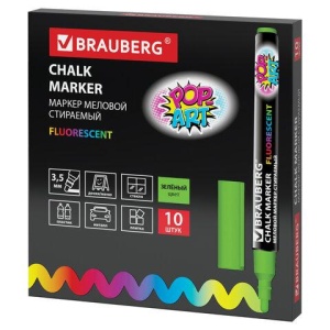Маркер меловой BRAUBERG "POP-ART", сухостираемый, для гладких поверхностей, 3,5 мм, ЗЕЛЕНЫЙ, 151524 цена 156 ₽ Маркер меловой BRAUBERG "POP-ART", сухостираемый, для гладких поверхностей, 3,5 мм, ЗЕЛЕНЫЙ, 151524